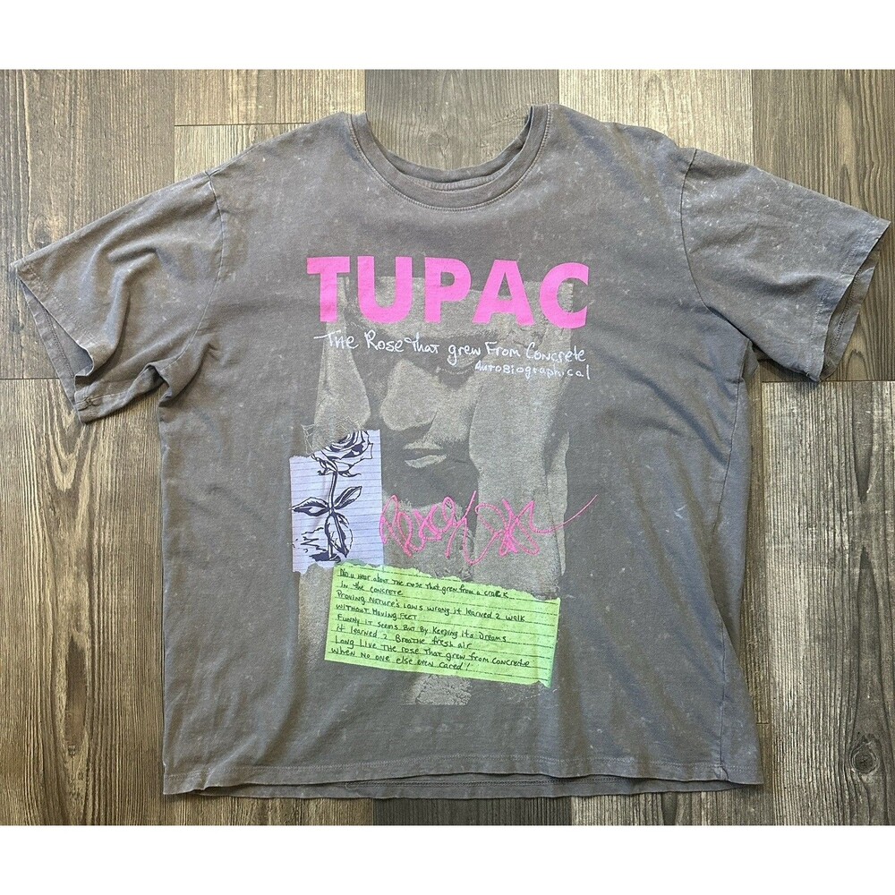 Tupac T Shirt Women XL  The Rose  Gray Acid Wash Wide Boxy Cropped Rap Hip Hop